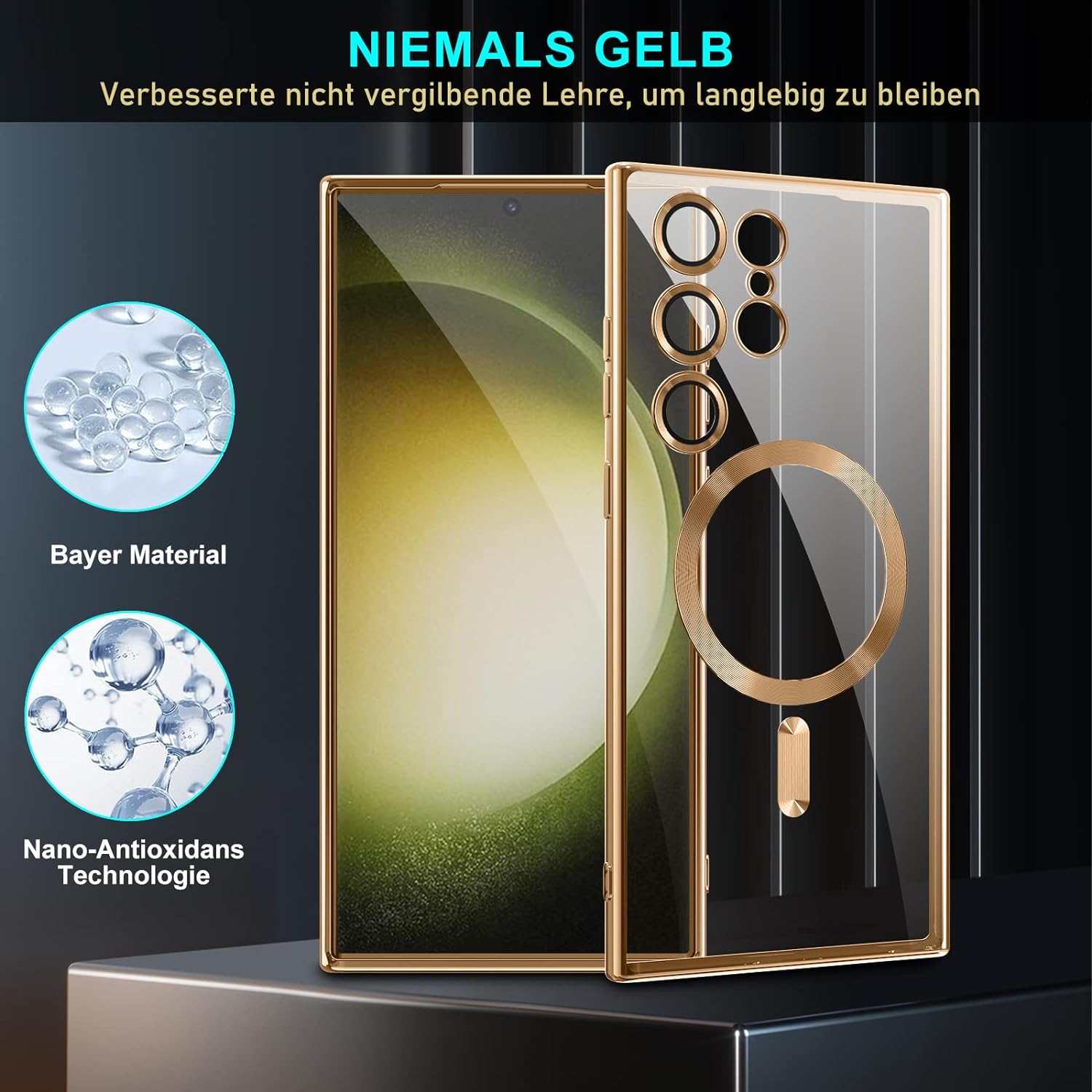 Husa compatibila cu Samsung Galaxy S23 Ultra, ALC MOBILE, pentru telefon mobil cu protectie pentru camera, Tehnologie MagSafe, rezistenta la socuri, contur Gold