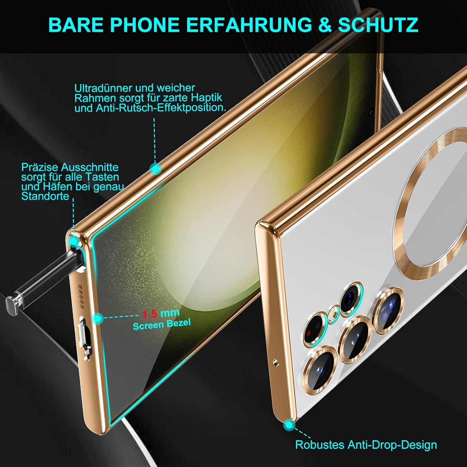Husa compatibila cu Samsung Galaxy S23 Ultra, ALC MOBILE, pentru telefon mobil cu protectie pentru camera, Tehnologie MagSafe, rezistenta la socuri, contur Gold