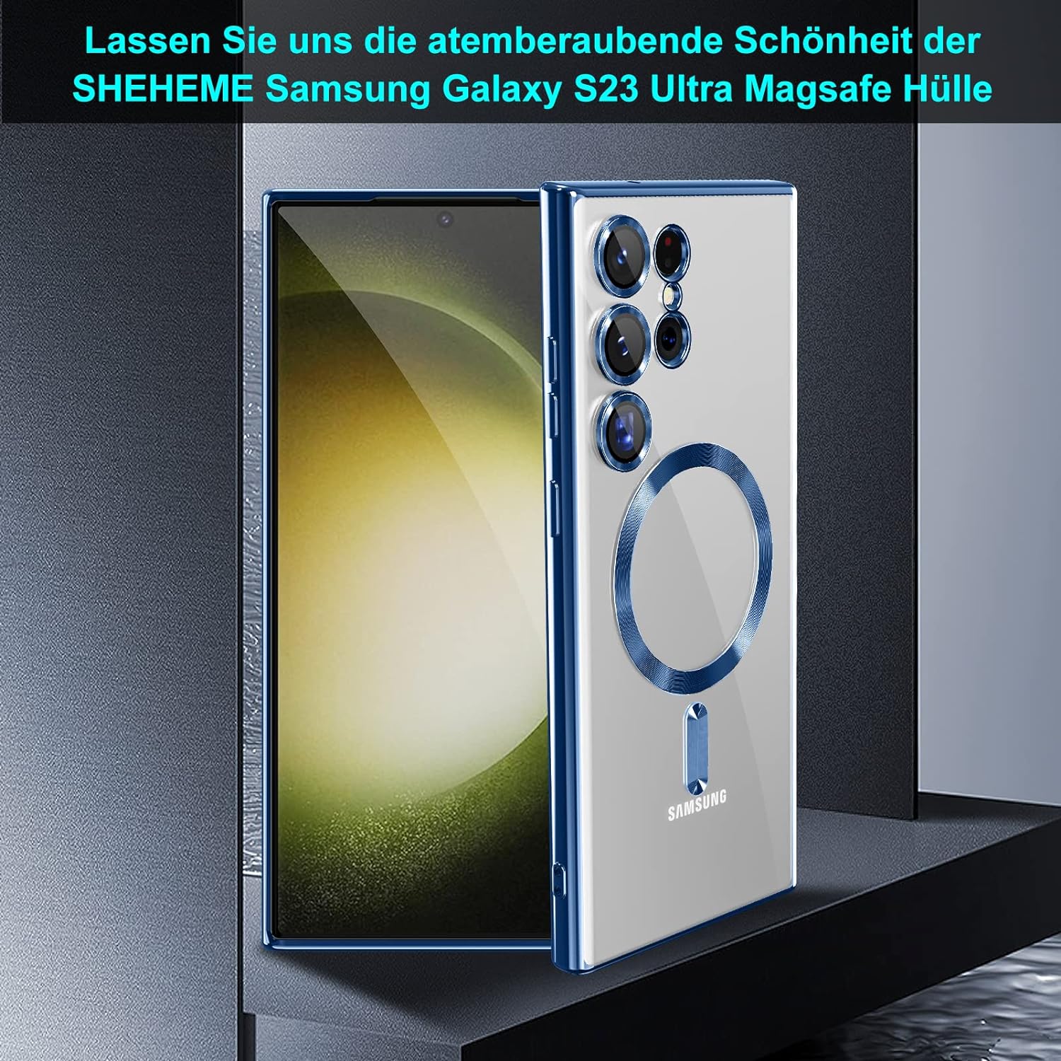 Husa compatibila cu Samsung Galaxy S23 Ultra, ALC MOBILE, pentru telefon mobil cu protectie pentru camera, Tehnologie MagSafe, rezistenta la socuri, contur Albastru