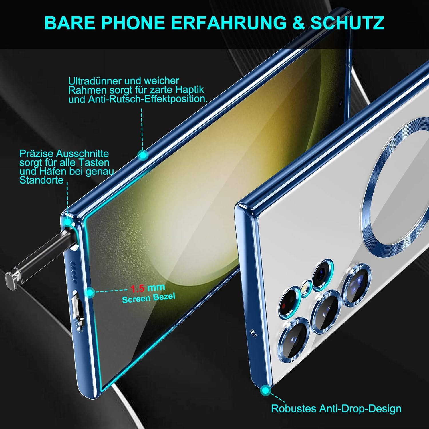 Husa compatibila cu Samsung Galaxy S23 Ultra, ALC MOBILE, pentru telefon mobil cu protectie pentru camera, Tehnologie MagSafe, rezistenta la socuri, contur Albastru