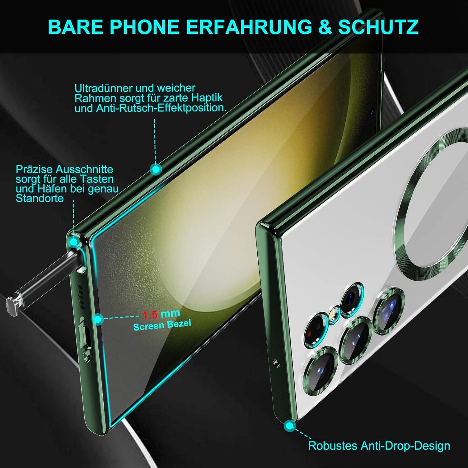 Husa compatibila cu Samsung Galaxy S23 Ultra, ALC MOBILE, pentru telefon mobil cu protectie pentru camera, Tehnologie MagSafe, rezistenta la socuri, contur Verde