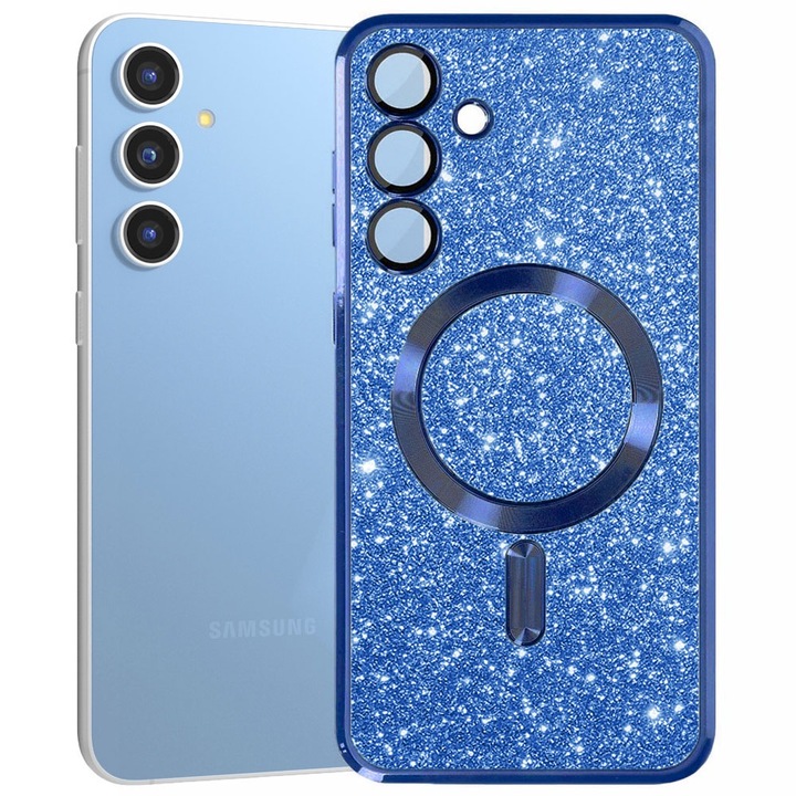 Husa magnet pentru Samsung Galaxy S23 FE, Glitter MagCase, Sclipici integrat, Protectie lentile camere, Rama electroplacata, Accente metalizate, Margini ridicate, Incarcare wireless, Magnetica, Albastru inchis