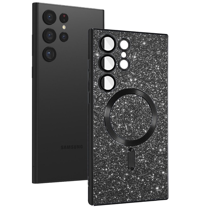 Husa magnet pentru Samsung Galaxy S22 Ultra, Glitter MagCase, Sclipici integrat, Protectie lentile camere, Rama electroplacata, Accente metalizate, Margini ridicate, Incarcare wireless, Magnetica, Negru
