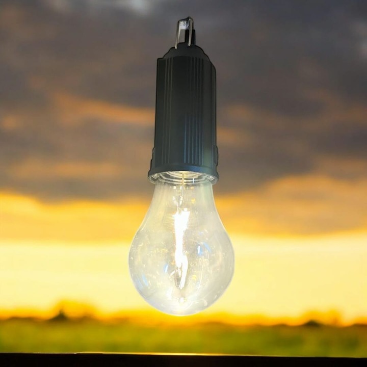 Napelemes lámpa izzó, beltéri-kültéri használatra, kettős töltéssel, napelemes és USB típusú C kábellel, meleg fény, kerek izzó, YX-A01, 3 fénymód, beépített napelem, fekete, Vision XXI