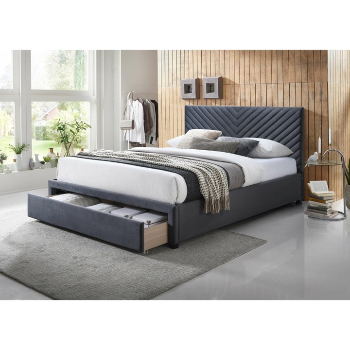 Pat dublu KL Miriam, cu sertar, tapitat cu catifea, structura lemn masiv, 140x200 cm, gri