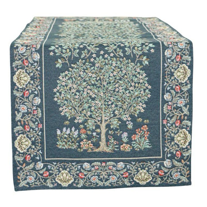 Napron de masa tip goblen, model copacul vietii albastru, 37x100 cm