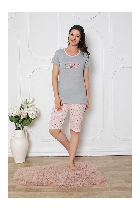 Pijama Femei - Set Bluza cu Maneca Scurta si Pantaloni Scurti, Gri deschis