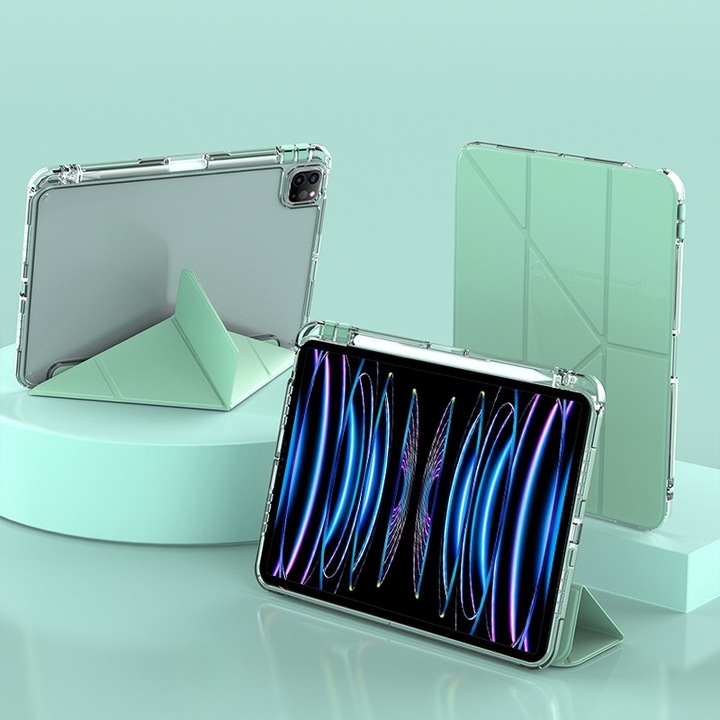 Husa tableta compatibila cu iPad Air 13 / Pro 12.9, Deformare forma si Y-Shaped, Piele, Verde