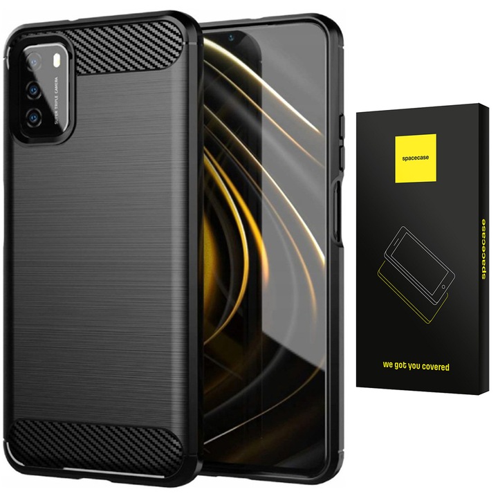 Spacecase Carbon telefontok Xiaomi Poco M3-hoz, 360 védelem, fekete, 1x szett