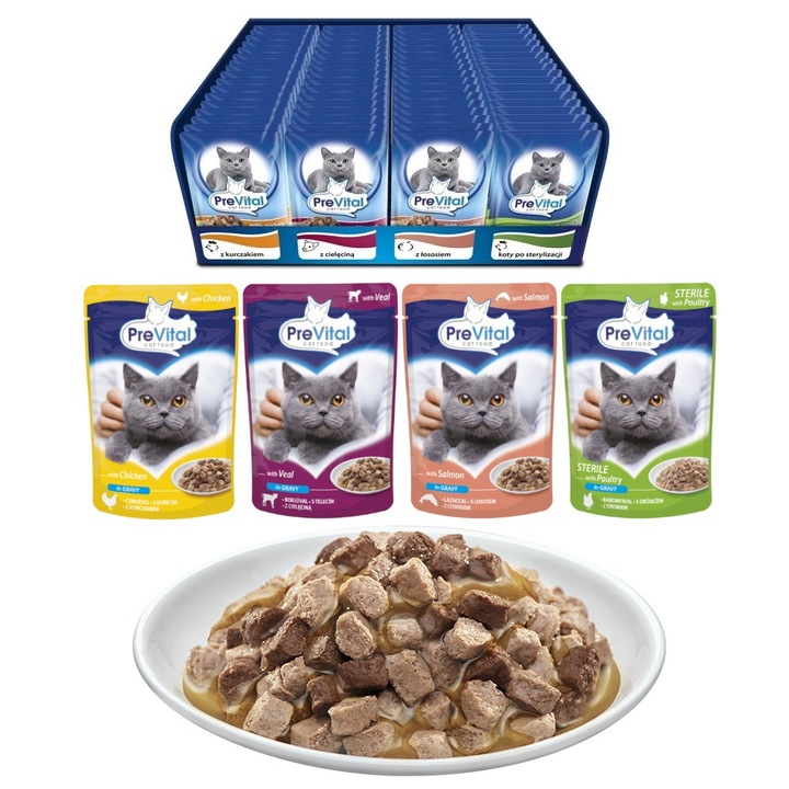 Hrana pentru pisici sterilizate, PREVITAL, 4 arome - pui, vitel, somon, pasare - Hrana completa pentru pisici adulte - 96x100g