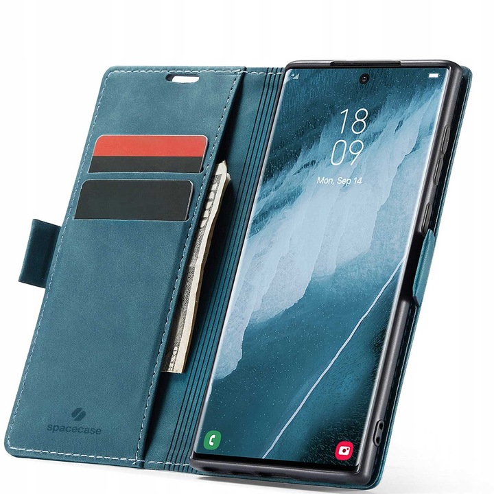 Etui din piele ecologica pentru Samsung Galaxy S22 Ultra, Spacecase Wallet, cu compartimente pentru carduri si numerar, inchis cu magnet, rezistent la socuri, elegant, albastru
