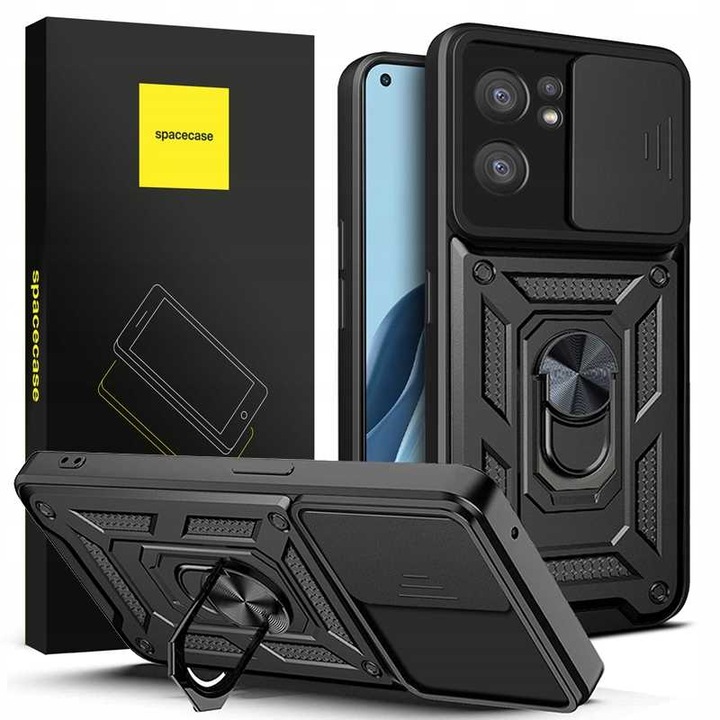 Etui Spacecase CamRing pentru Oppo Reno 7 5G, protectie cu slider, suport video, negru