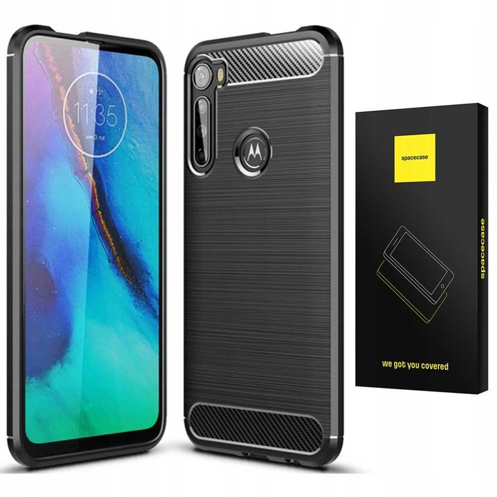 Husa blindata pentru Motorola One Fusion+, Spacecase Carbon puternica, durabila, care absoarbe socurile, rezistenta la zgarieturi, rezistenta la cadere, eleganta, textura Carbon, negru bine montat