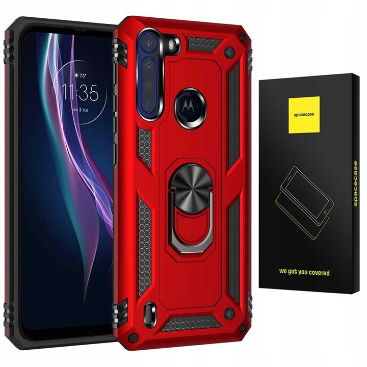 Брониран калъф за Motorola Moto One Fusion+ Plus, Spacecase Ring NX Durable, мултифункционална защита за телефон, държач за пръсти, вграден магнит за стойка за кола, стойка, държач, червен пръстен
