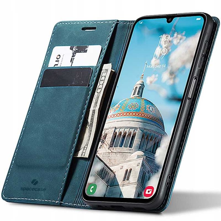 Husa skorzane z klapka do Samsung Galaxy A15 4G / 5G, Spacecase Wallet kieszonki na karte i gotowke, stylowa skora ecologica, zamszowe, zamykane na magnes, orodne na wstrzasy, elekznice, klasyczne nie