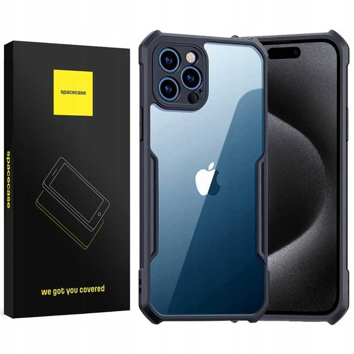 Калъф AirBag Armor за Apple iPhone 15 Pro, Spacecase Beetle Transparent, устойчив на гнездо, устойчив на каишка за часовник, устойчив на дръжка на врата, издръжлив, защитен калъф за въздушна възглавница за вграждане Черен