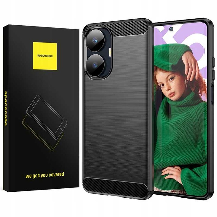 Калъф за телефон Spacecase Carbon за Realme C55, 360 защита, черен, 1х комплект