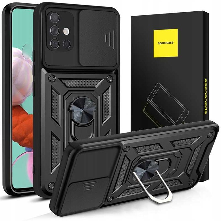 Husa blindata pentru Samsung Galaxy A51, Spacecase Camring rezistenta, protectie multifunctionala a telefonului cu capac pentru camera, suport pentru degete, magnet incorporat pentru suport auto, suport, inel negru