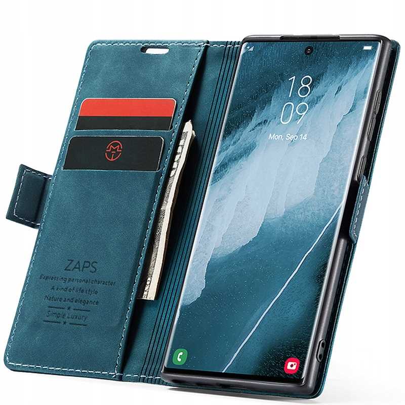 Husa din piele cu clapa pentru Samsung Galaxy S23 Ultra, Spacecase Wallet buzunare pentru carduri si bani, piele ecologica eleganta, piele de caprioara, inchidere magnetica, rezistenta la socuri, eleganta, albastru clasic