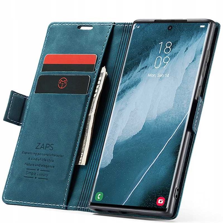 Husa din piele cu clapa pentru Samsung Galaxy S23 Ultra, Spacecase Wallet buzunare pentru carduri si bani, piele ecologica eleganta, piele de caprioara, inchidere magnetica, rezistenta la socuri, eleganta, albastru clasic