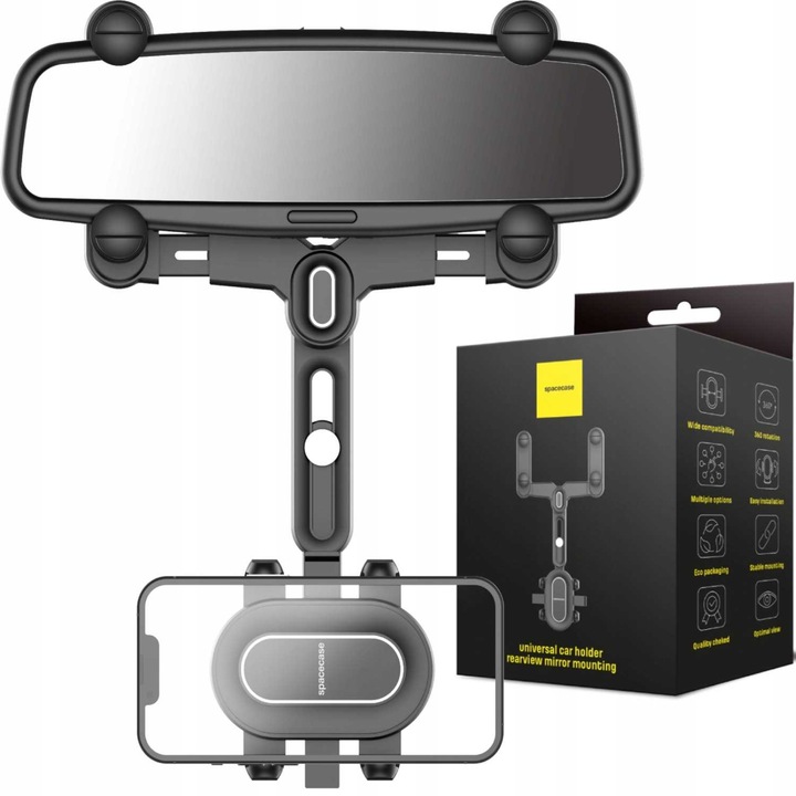 Autótelefon tartó, Spacecase SC19 visszapillantó tükörre szerelve, ütésálló, tartós, könnyen szerelhető, elegáns minimalista dizájn, masszív kidolgozás, stabil markolat