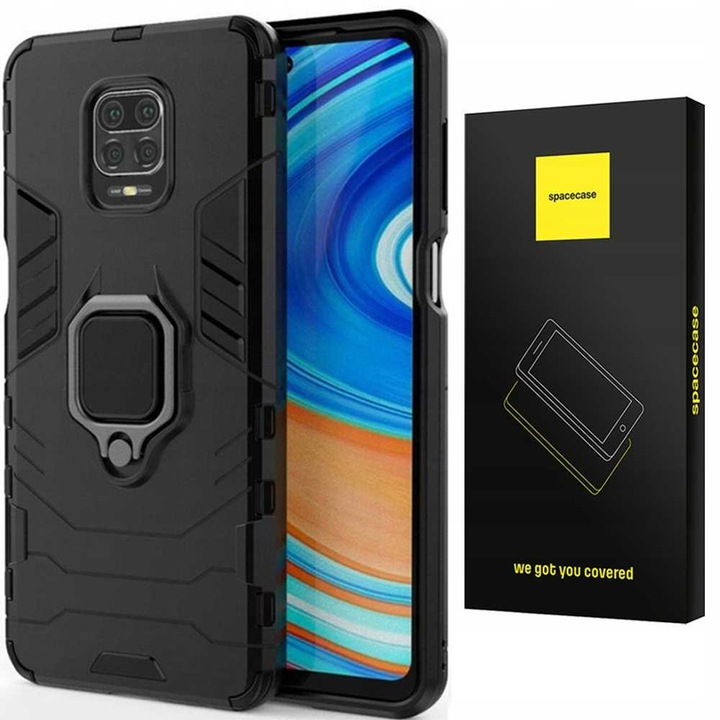 Кейс за телефон Spacecase X-RING, съвместим с Redmi Note 9S/9 Pro, 360° защита, държач за пръстен, черен