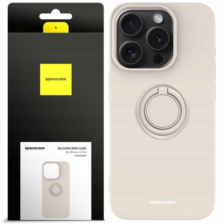 Силиконов калъф за Apple iPhone 15 Pro, Spacecase Silicone Ring влагоустойчив, устойчив на корозия, издръжлив, елегантен, матов, поддръжка за деликатна кожа, магнит вграден в държача на устройството, държач, стойка, кремав пръстен