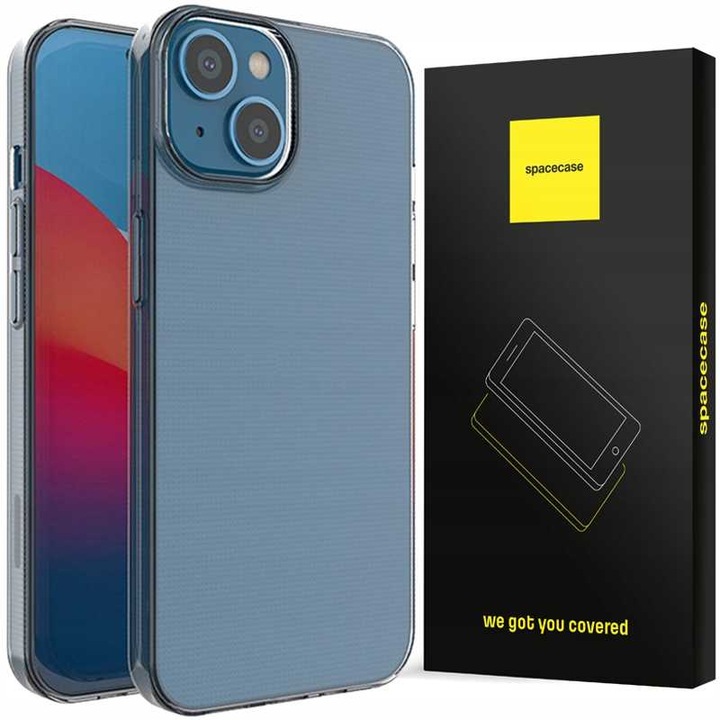 Husa Apple iPhone 14 Plus, Spacecase Crystal Technology Air-Dot, Rezistent la priza, Rezistent la ceas, Rezistent la cadru, Durabil, Transparent, Protector pentru purificator de aer Incorporeaza culoare