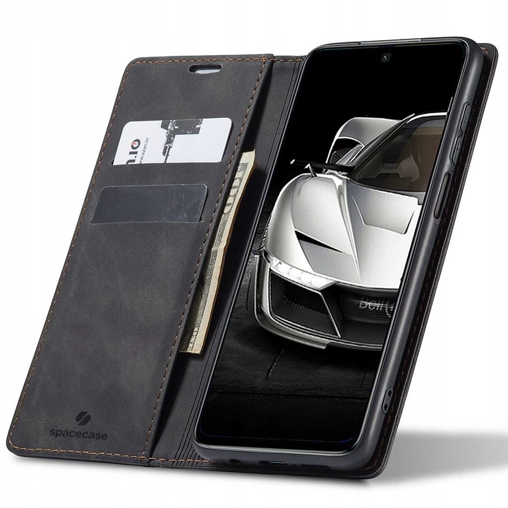 Husa telefon Spacecase Wallet pentru Xiaomi Redmi Note 9S/9 Pro, neagra, cu inchidere magnetica, compartimente pentru carduri, set