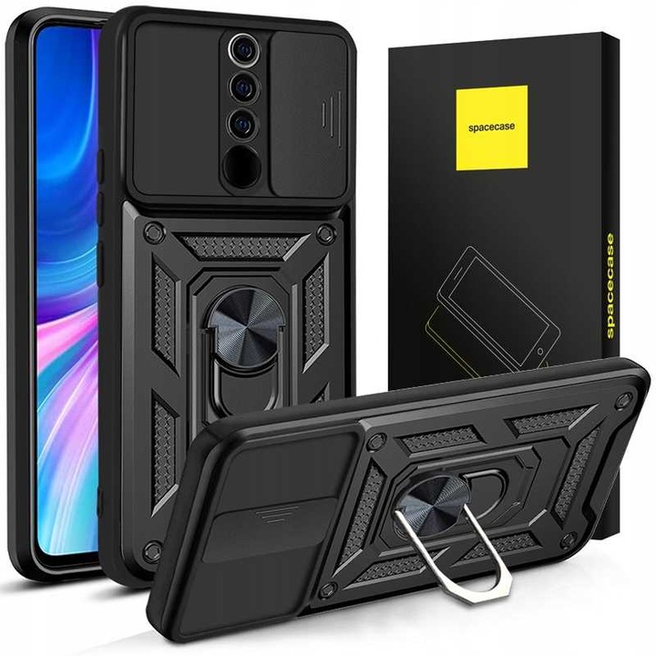 Páncélozott tok Xiaomi Redmi Note 8 Pro készülékhez, Spacecase Camring strapabíró, többfunkciós telefon védelem kamera borítással, ujjtartóval, beépített mágnes autós rögzítéshez, állvány, fekete gyűrű