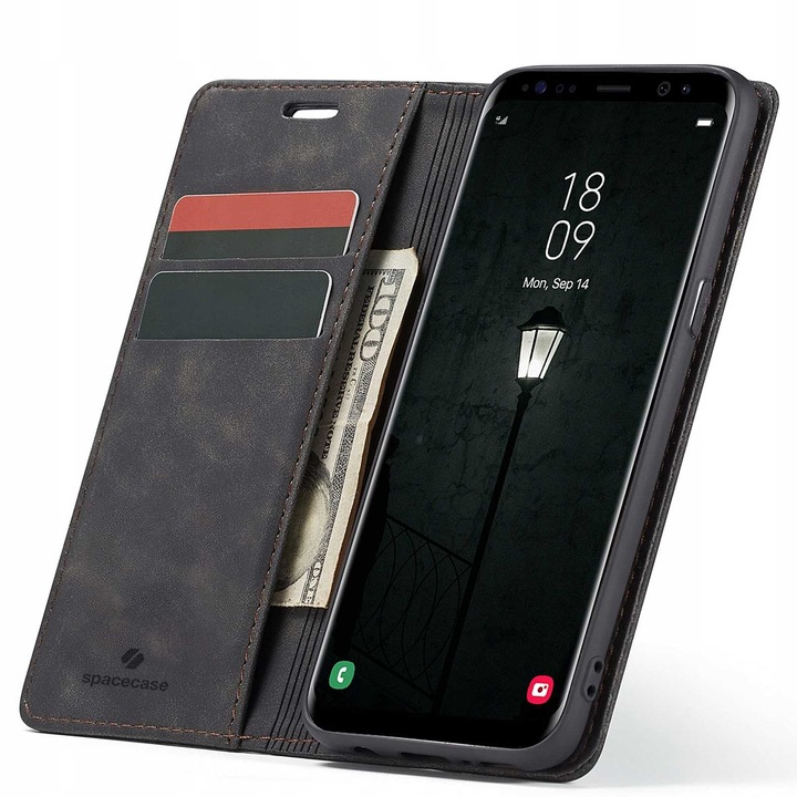 Cum sa faci portofel pentru Samsung Galaxy S8, portofel Spacecase cu suport card si perna, portofel ecologic elegant, portofel capricorn, incuietoare magnetica, rezistent la sosete, elegant, negru clasic