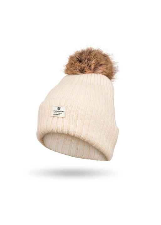 Caciula dama PETERSON, cu pompon din blana, crem, 40cm circumferinta