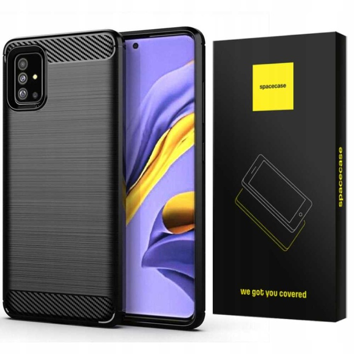 Husa blindata pentru Samsung Galaxy A71, Spacecase Carbon puternica, durabila, care absoarbe socurile, rezistenta la zgarieturi, rezistenta la cadere, eleganta, textura Carbon, negru bine montat