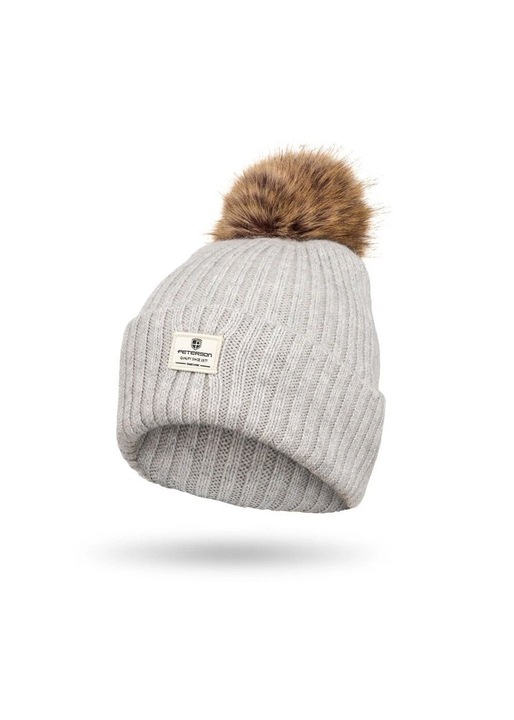 Caciula de iarna pentru femei PETERSON, gri, cu pompon din blana, 40cm circumferinta