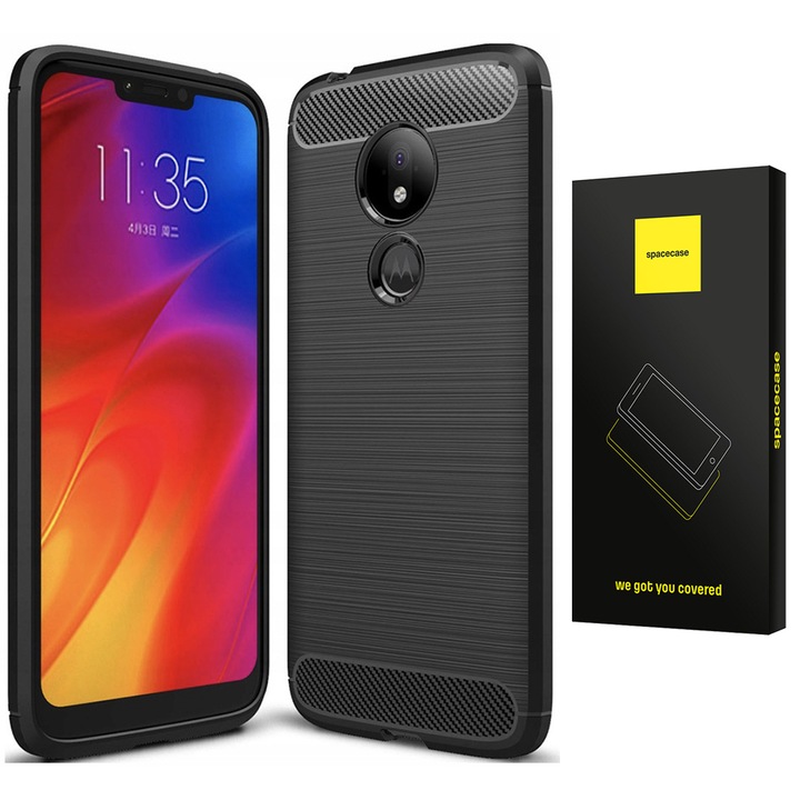 Калъф за телефон Spacecase Carbon за Motorola Moto G7 Play, 360 защита, TPU материал, черен