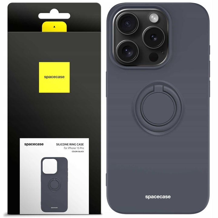 Силиконов калъф за Apple iPhone 15 Pro, Spacecase Silicone Ring влагоустойчив, устойчив на корозия, издръжлив, елегантен, матов, поддръжка за деликатна кожа, магнит вграден в държача на устройството, стойка, държач, черно мастило