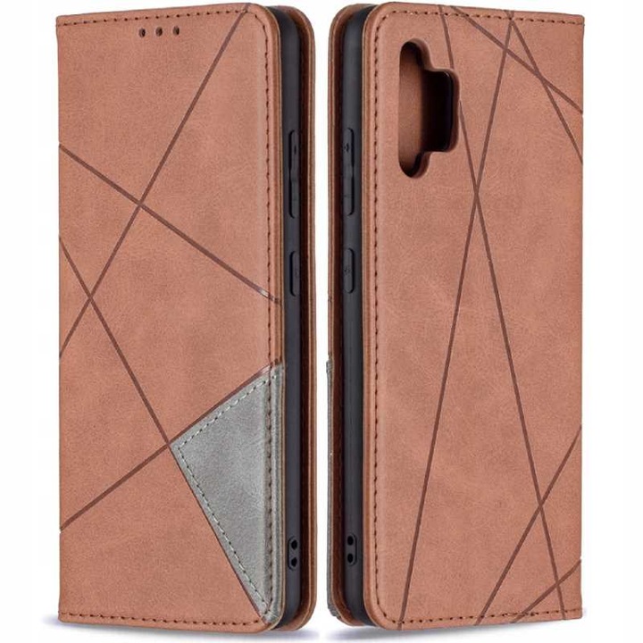 Husa din piele cu clapa pentru Samsung Galaxy A32 5G, Origami Portofel pentru carduri si buzunare pentru bani, piele ecologica eleganta, inchidere magnetica, rezistenta la socuri, eleganta, maro clasic