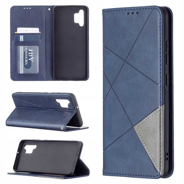 Husa din piele cu clapa pentru Samsung Galaxy A32 4G, Origami Portofel pentru carduri si buzunare pentru bani, piele ecologica eleganta, inchidere magnetica, rezistenta la socuri, eleganta, albastru clasic