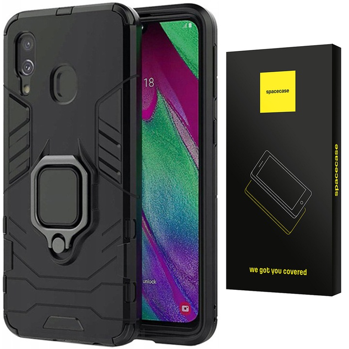 Husa de Protectie do Samsung Galaxy A40, Spacecase X-Ring wytrzymale, wielofunkcyjne zabezpieczenie telefonu, uchwyt na palec, wbudowany magnes do uchwytu samochodowego, podstawka, stojak, ring czarny
