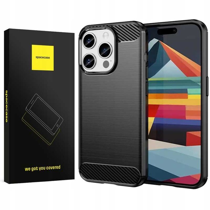 Брониран калъф за Apple iPhone 15 Pro Max, Spacecase Carbon, здрав, издръжлив, ударопоглъщащ, устойчив на надраскване, устойчив на падане, елегантен, карбонова текстура, черен, добре паснал