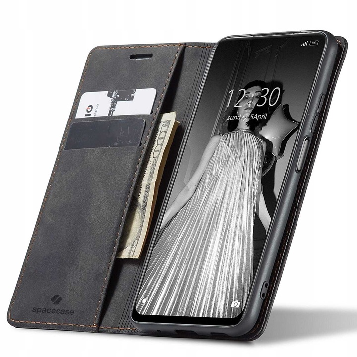 Husa telefon Spacecase Wallet pentru Redmi Note 10 5G, neagra, cu suport si compartimente pentru carduri