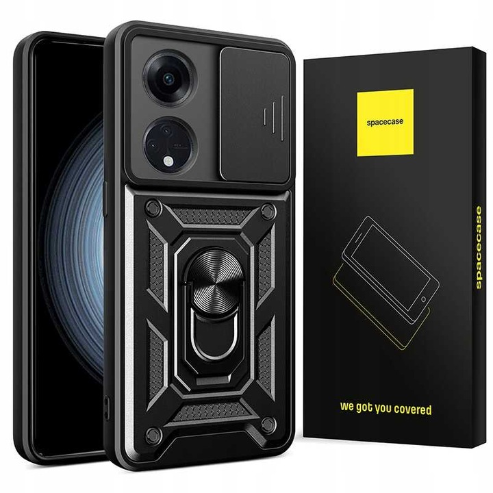 Husa telefon Spacecase CamRing pentru Oppo A98 5G, protectie cu slider, suport video, neagra