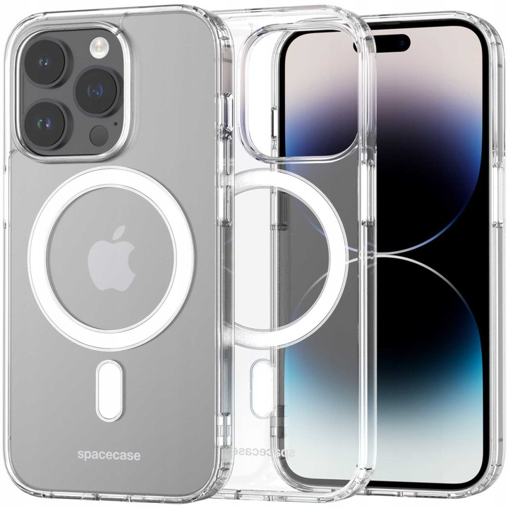 Husa cu armatura magnetica pentru Apple iPhone 14 Pro Max, Spacecase Clear Mag compatibila cu MagSafe rezistenta la socuri, la zgarieturi, la cadere, durabila, transparente, perne de aer de protectie incorporate incolore
