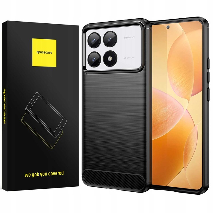 Husa blindata pentru Poco F6 Pro 5G, Spacecase Carbon puternica, durabila, care absoarbe socurile, rezistenta la zgarieturi, rezistenta la cadere, eleganta, textura Carbon, negru bine montat