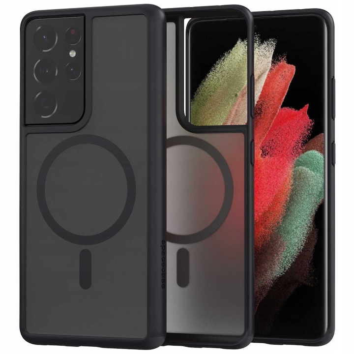 Husa blindata Samsung Galaxy S21 Ultra, Spacecase Hybrid Mag compatibila cu MagSafe, incarcare inductiva, antisoc, airbag-uri anti-cadere, durabila, eleganta, minimalista, negru mat