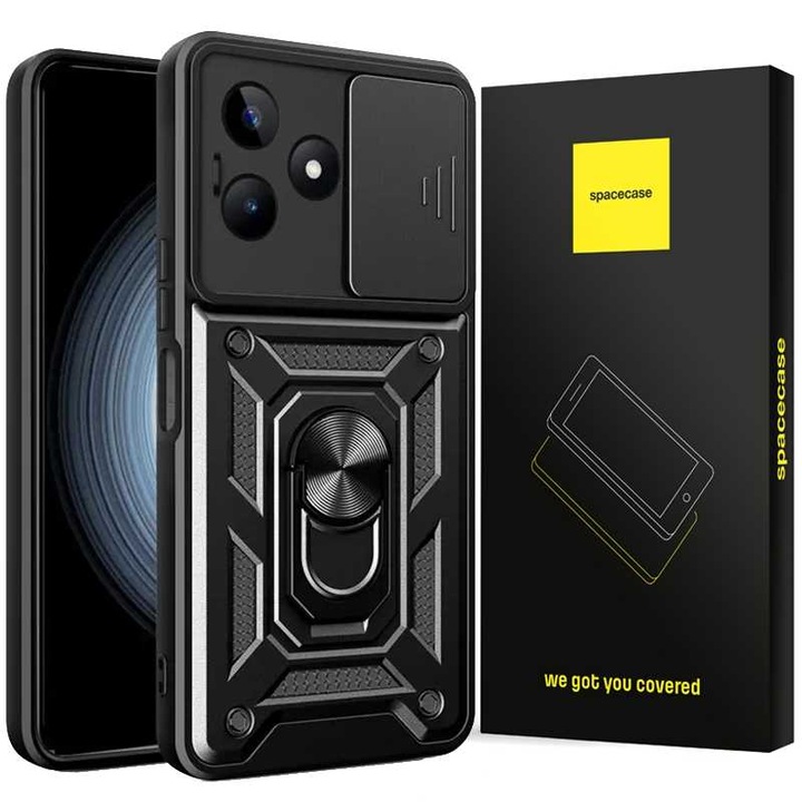 Калъф за телефон Spacecase CamRing за Realme C51 / C53, защитен плъзгач, черен, комплект 1x калъф + 1x опаковка