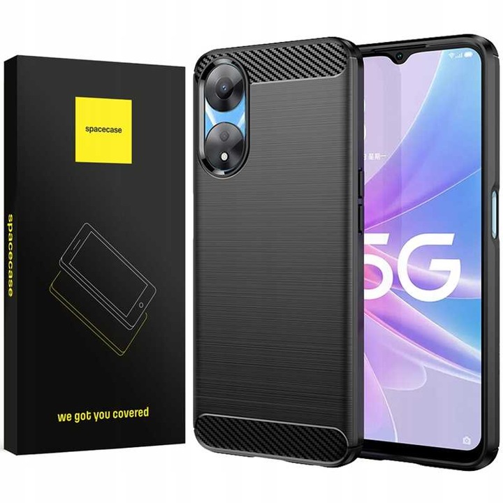 Husa blindata pentru Oppo A78 5G, Spacecase Carbon puternica, durabila, care absoarbe socurile, rezistenta la zgarieturi, rezistenta la cadere, eleganta, textura Carbon, negru bine montat