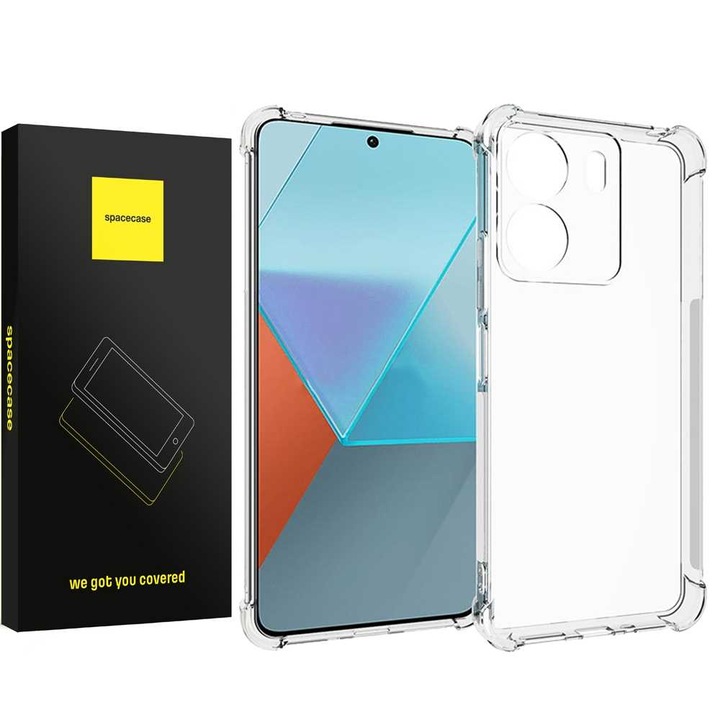 Husa telefon Spacecase Anti-Shock, transparenta, cu colturi intarite, pentru Poco C65/Xiaomi Redmi 13C, 1mm grosime, set 1x husa + 1x ambalaj.