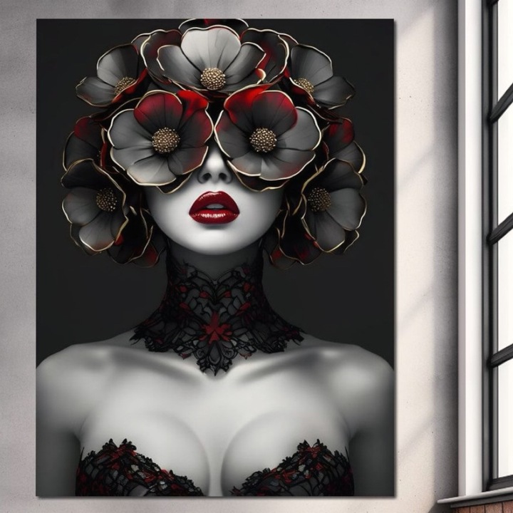 Премиум картина върху платно, LuxCanva® G1040, Готическа чувственост, 100 X 135 CM, 100% памучно платно 400g/m2, дървена рамка, маска, флорални мотиви, тъмно, мистерия, страст, драматично, дантелена всекидневна, спалня