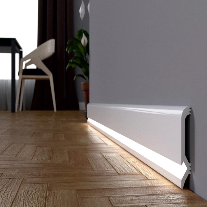 Plinta decorativa cu canal pentru banda led din duropolimer, alb, 2200 x 100 x 16 mm